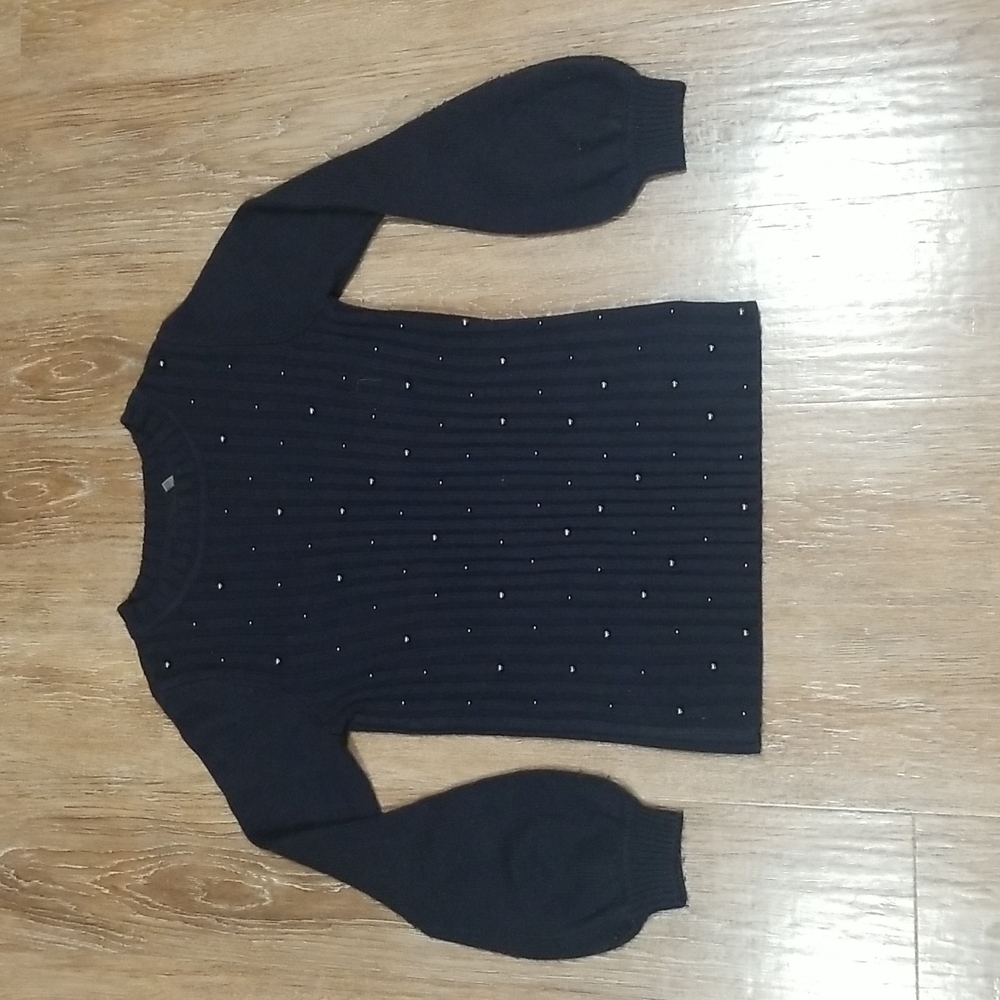 (S) Karl Lagerfeld Paris Embellished Cozy Knit Sweater Unique Business Casual
